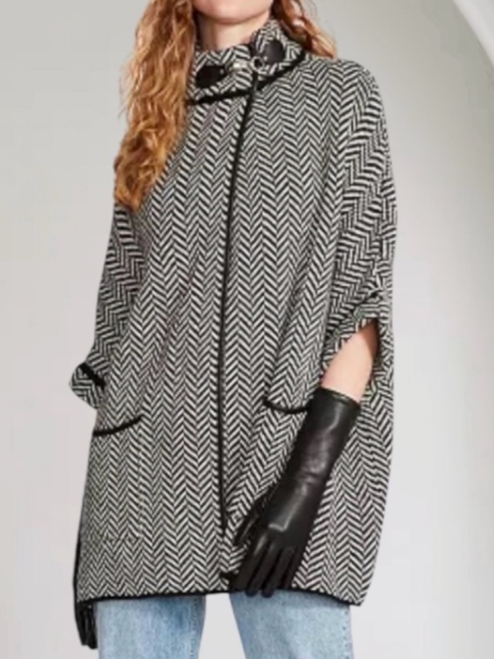 Steve Madden Black and White Herringbone Poncho with Funnel Neck